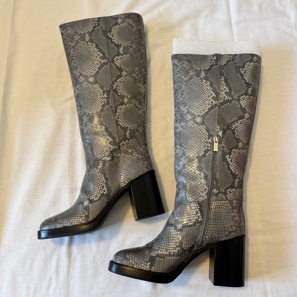 Gray Snakeskin Knee-High Boots